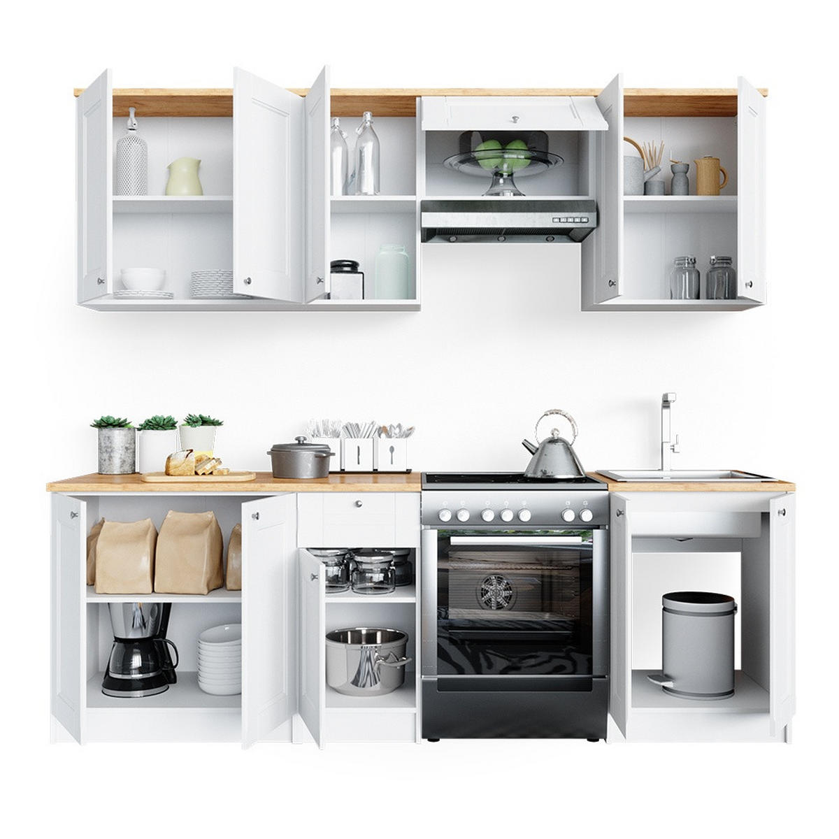 KÜCHENZEILE Bergamo Weiß 240 cm , AP Goldkraft mit LED-Leisten - Honigeiche/Weiß, Holzwerkstoff (240/81.6/60cm) - Vicco