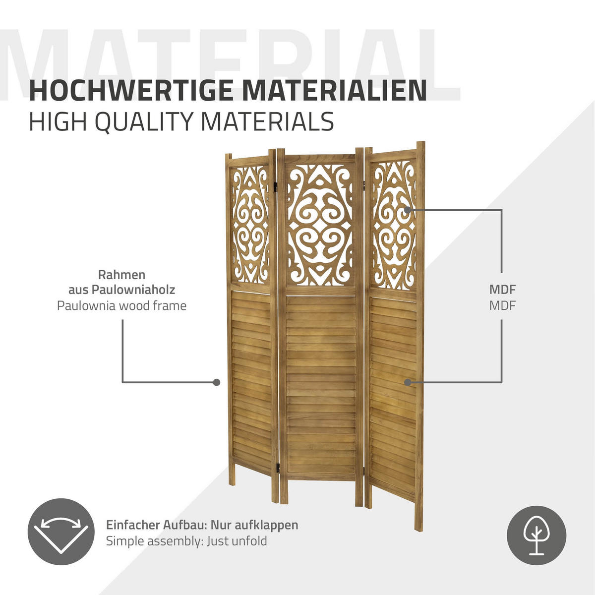 PARAVENT 3 teilig Tokio 170x121 cm Naturaus Holz - Braun, Holz (121/170/2cm) - ML-DESIGN