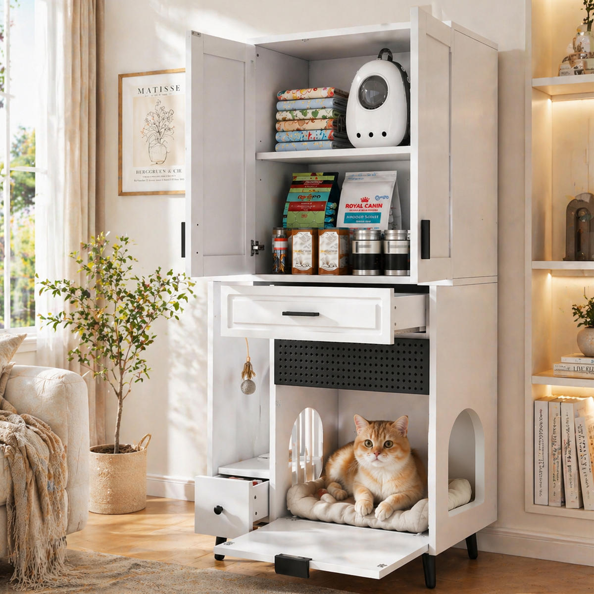 MEHRZWECKSCHRANK DE-38148 80/40/161 cm mit Schubladen und Katzenbett Holzoptik - Weiß, Holzwerkstoff (80/161/40cm) - ComfortXL