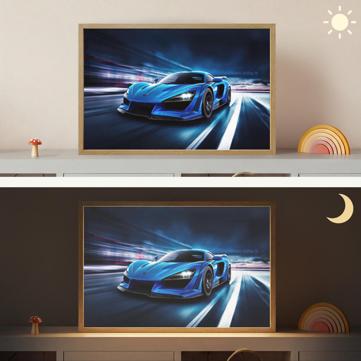 NÁSTĚNNÁ LAMPA S AKUMULÁTOREM Auto - Modrá - Chlapci - Dítě 60x40 cm - modrá, kompozitní dřevo (60/40/8cm) - OnlyWow