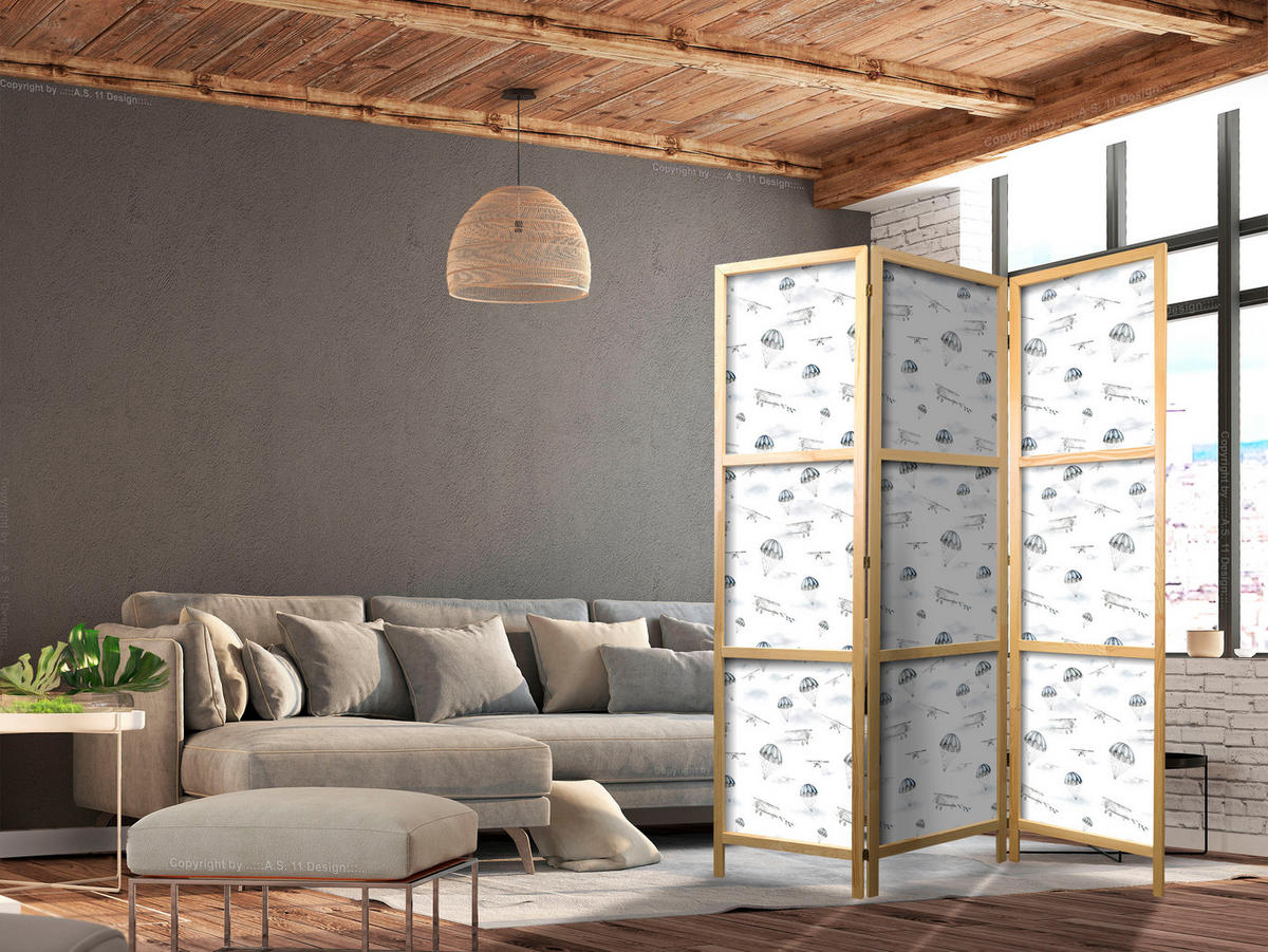 PARAVENT Japanischer 3-tlg 135x172 cm Flugzeuge Und Fallschirme - Weiß, Holz/Textil (135/172/3cm) - Muralo