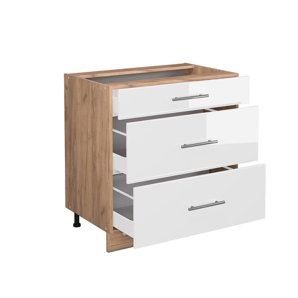 KÜCHENUNTERSCHRANK Fame-Line Weiß Hochglanz 80 cm mit 3 Schubladen ohne AP - Weiß Hochglanz/Eiche Wotan, Holzwerkstoff (80/82/51.6cm) - Vicco