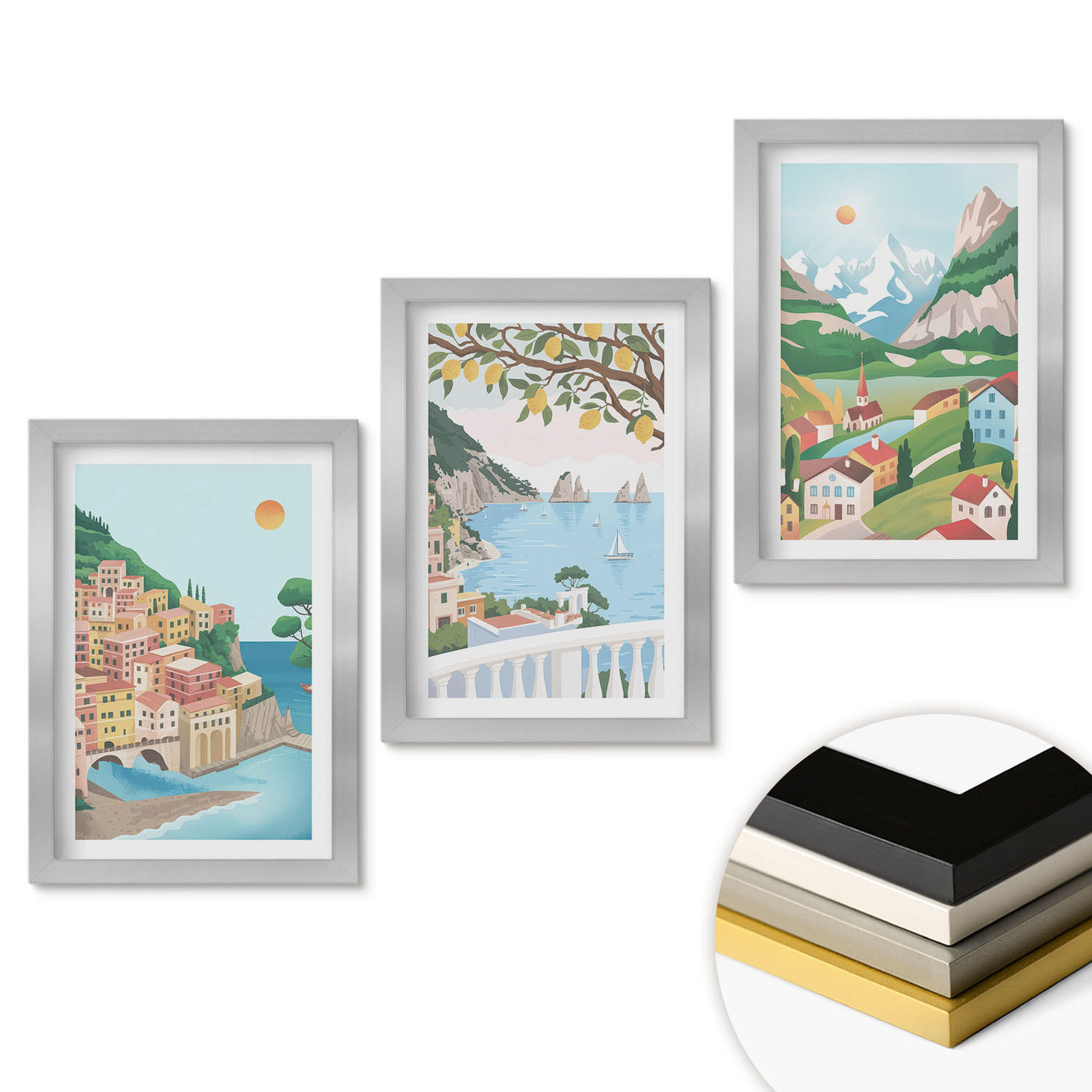 WANDBILDER 3er Set - 20x30 cm Silberner Rahmen - Pastellfarbene Küstenansichten - Silberfarben, Kunststoff (20/30cm) - ArtPrintCave