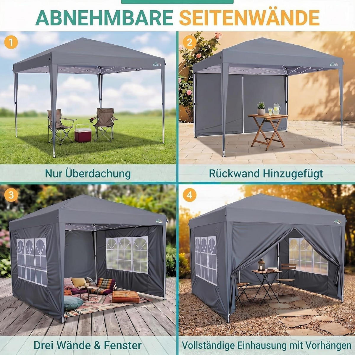 FALTPAVILLON 3x3m mit 4 Seitenwänden, wasserdicht und winterfest in grau - Grau, Textil (300/260/300cm)