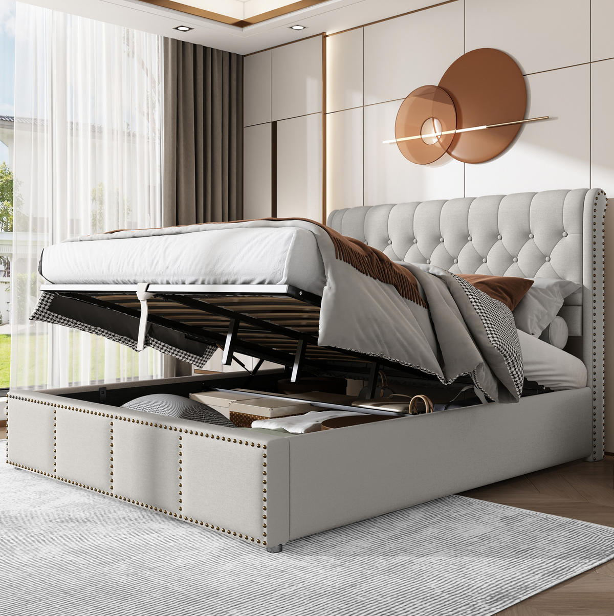POLSTERBETT 140/200 cm Hellgrau mit Hydraulikhebel und Bettkasten - Grau, Textil (140/200cm) - OKWISH