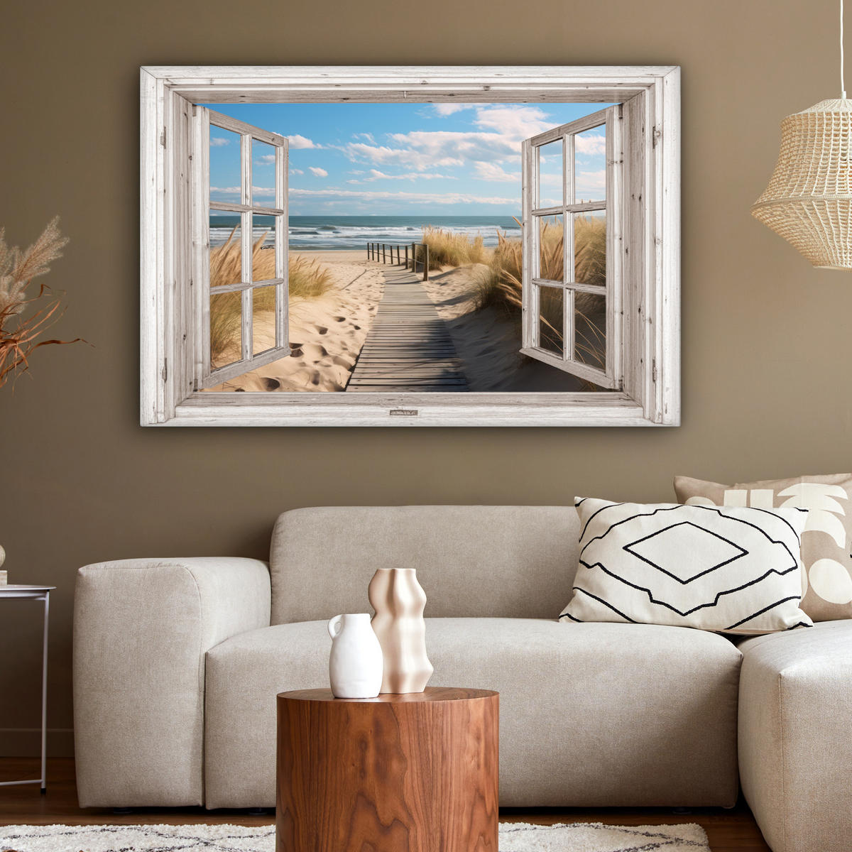 LEINWANDBILD Fenster - Meer - Küste - Natur - Ausblick - Strand - Wattenmeer Wohnzimmer 120x80 cm - Beige, Textil (120/80cm) - MuchoWow