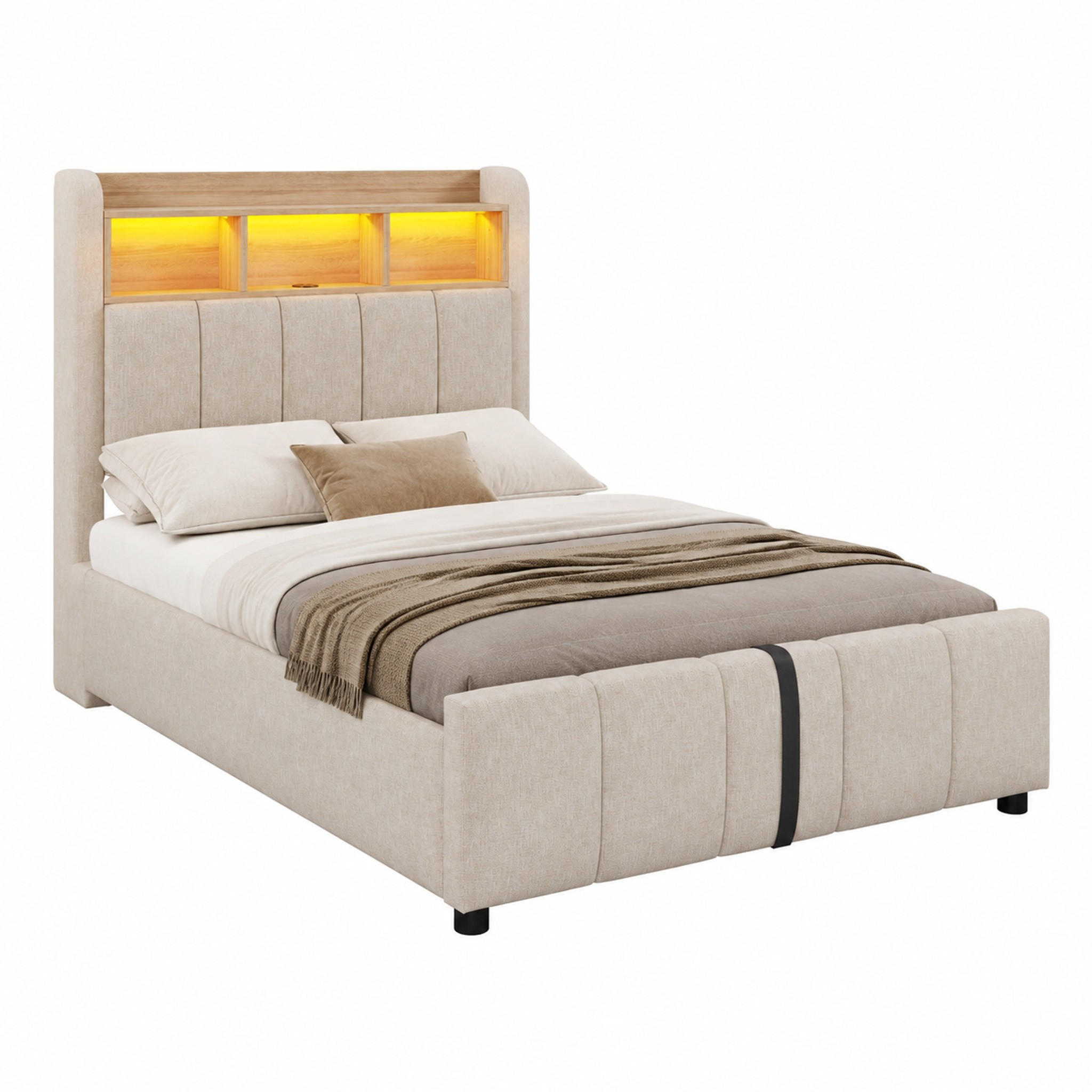 POLSTERBETT mit Stauraum, LED und USB 90x200 cm Beige - Beige, Metall (90/200cm) - Meubliv