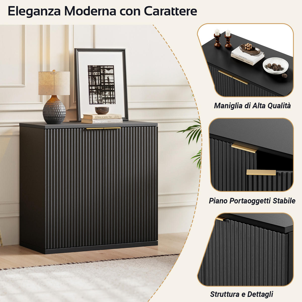 SIDEBOARD 80/40/80 cm in Schwarz mit 2 Türen und strukturierter Front - Schwarz, Holzwerkstoff (80/80/40cm) - Flora Grace