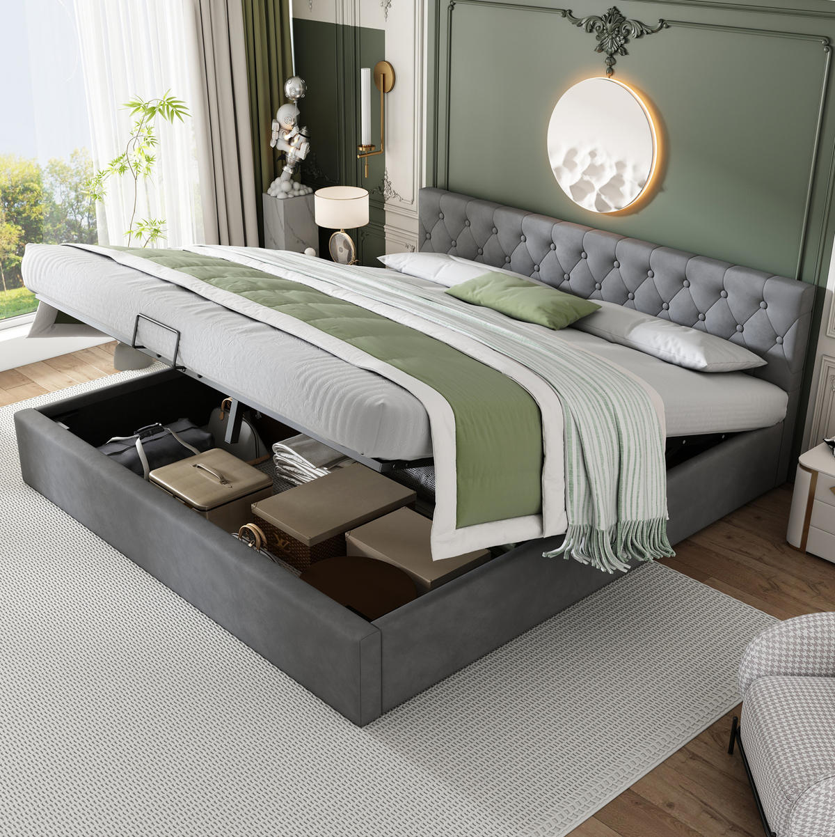 ČALÚNENÁ posteľ zo zamatu 180x200 cm sivá s hydraulickým úložným priestorom, lamelovým roštom a prešívaným čelom - sivá, textil (180/200cm) - Modfu
