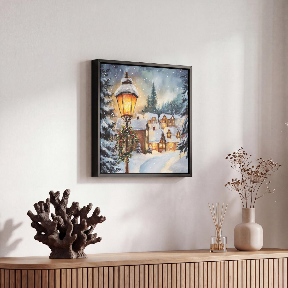LEINWAND Bilder mit Rahmen - Weihnachtsdorf - Häuser - Schnee - Weihnachten - 20x20 - Sandfarben, Textil (20/20cm) - MuchoWow