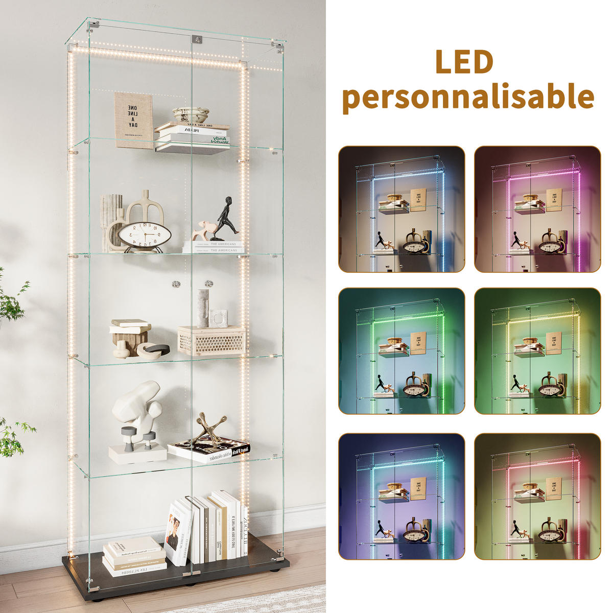 VITRINE 80x36x187 cm, LED, 5 Böden, 2 Türen, Schwarz - Schwarz, Holz (80/183/36cm)