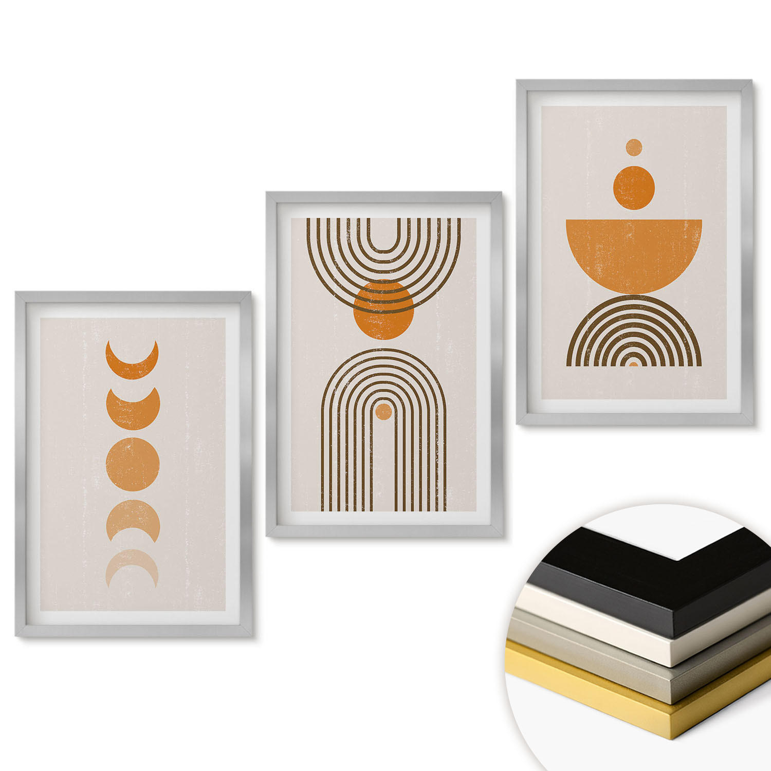 WANDBILDER 3er Set - 40x60 cm Silberner Rahmen - Boho-minimalistische Dekorationen - Silberfarben, Kunststoff (40/60cm) - ArtPrintCave