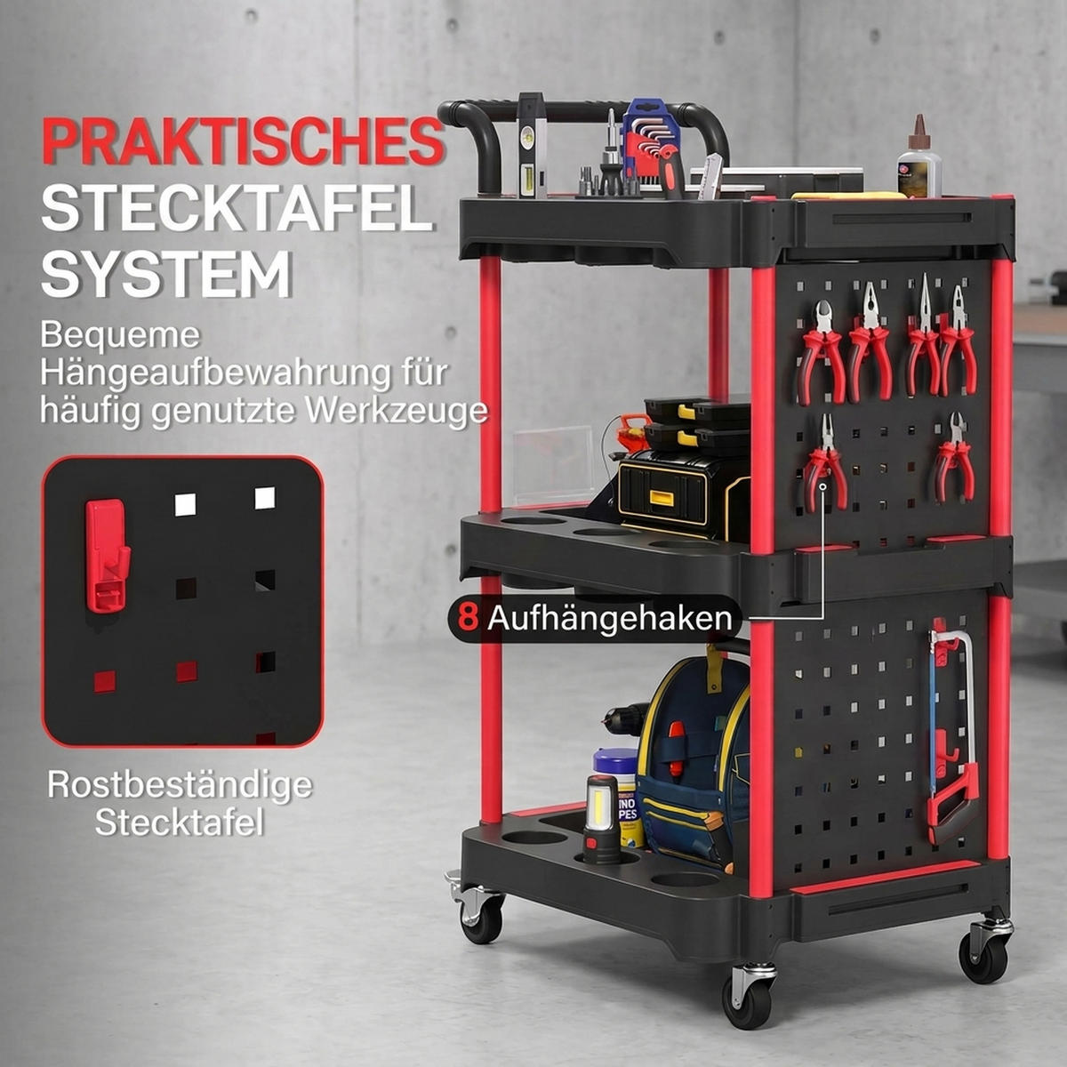 WERKZEUGWAGEN Aluminium Schwarz Rot - Schwarz, Metall (48/95.5/64cm) - HOMCOM