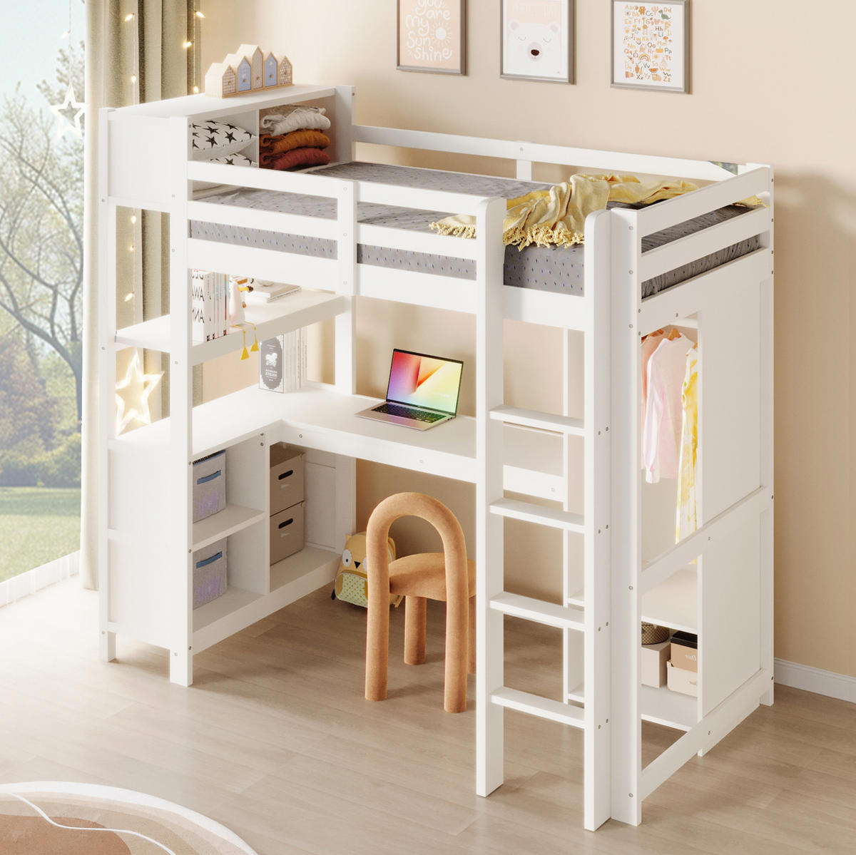 HOCHBETT 90/200 cm Weiß mit Schreibtisch, Regalen und Kleiderschrank - Weiß, Holz (90/200cm) - MIVRAY