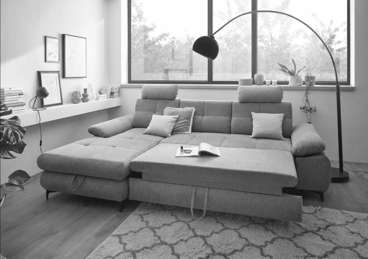 ECKSOFA mit Schlaffunktion und Bettkasten - Schwarz/Dunkelblau, Kunststoff/Textil (274/177cm) - ed exciting design