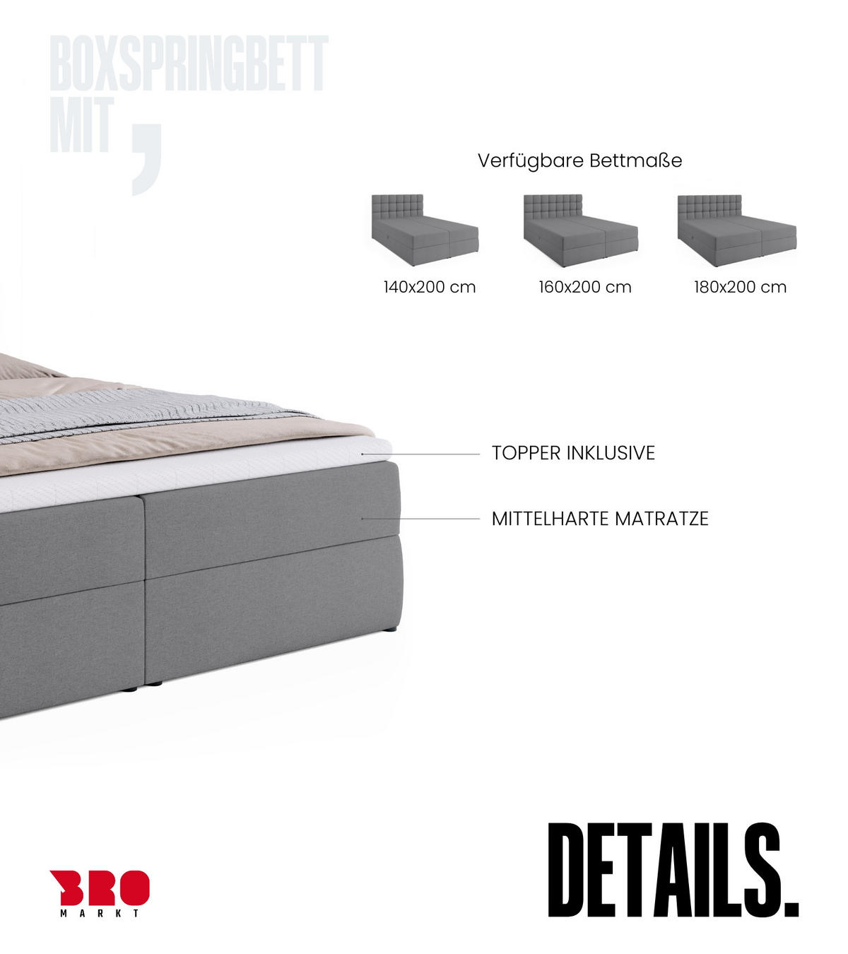 BOXBETT Dakota mit Topper 180/200 Hellgrau - Hellgrau, Textil (180/200cm) - Bromarkt