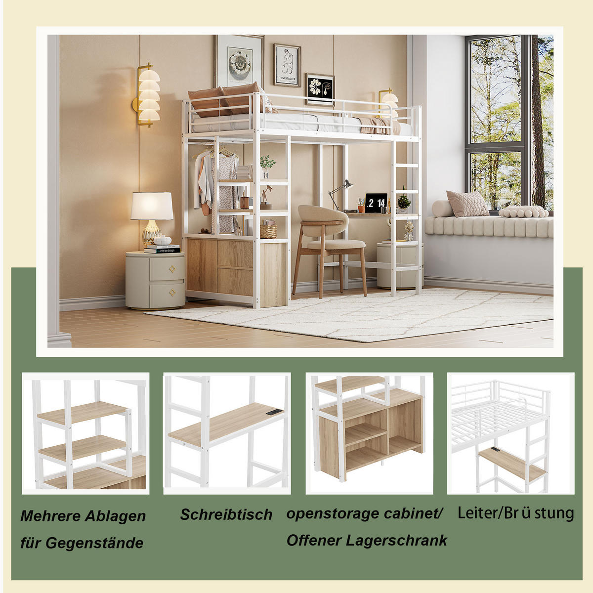 HOCHBETT 90x200cm Weiß Metall Schreibtisch Steckdose USB Regale Geländer - Weiß, Metall (90/200cm) - FLIEKS