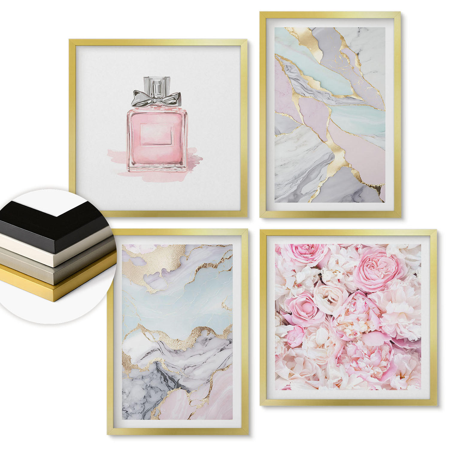 WANDBILDER 4er Set - 50x50 cm & 40x60 cm Goldrahmen - Rosa Blumen Marmor Pastell - Goldfarben, Kunststoff (50/50cm) - ArtPrintCave