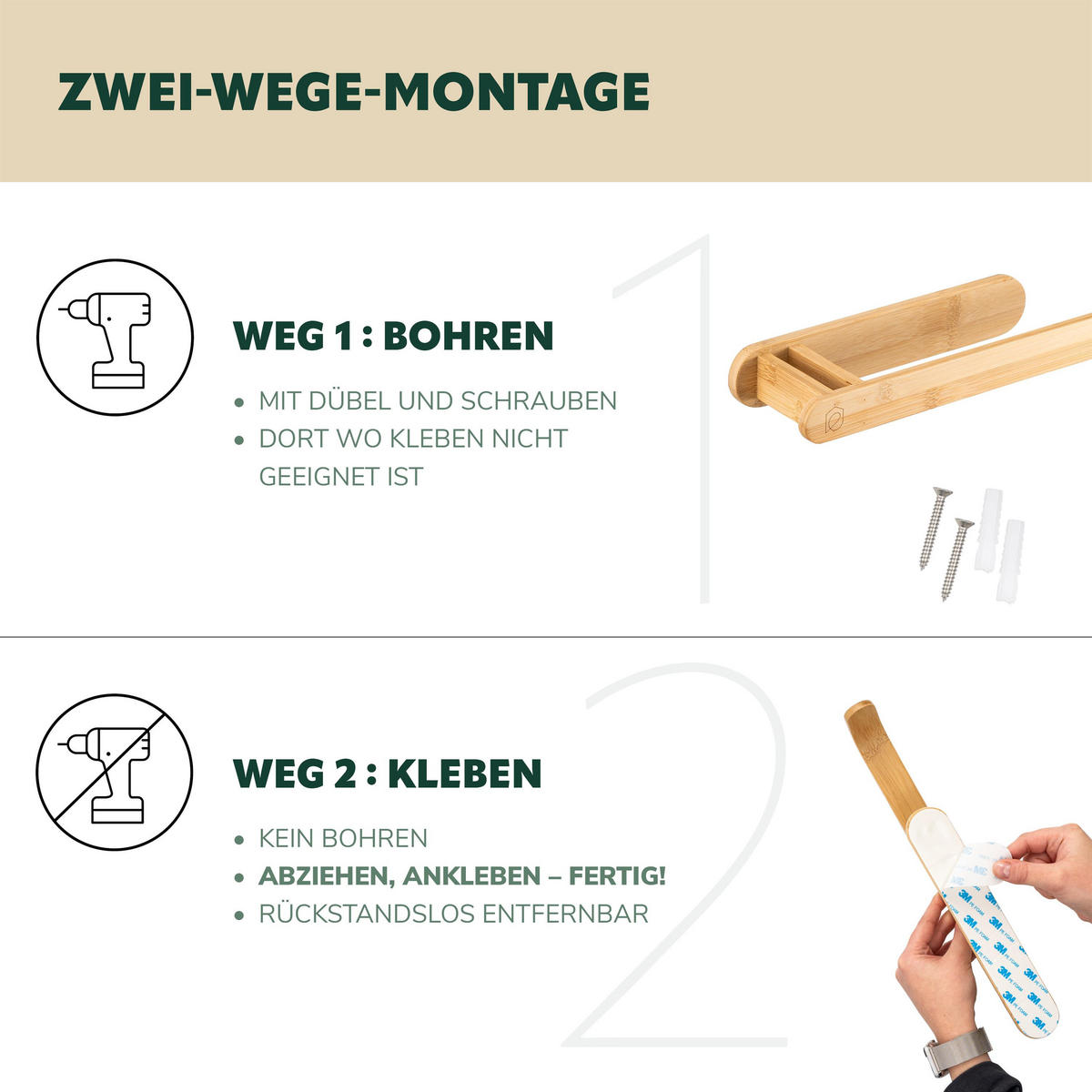 WAND-KÜCHENROLLENHALTER, Bambus - Braun, Holz (34.5/3/8cm) - eluno