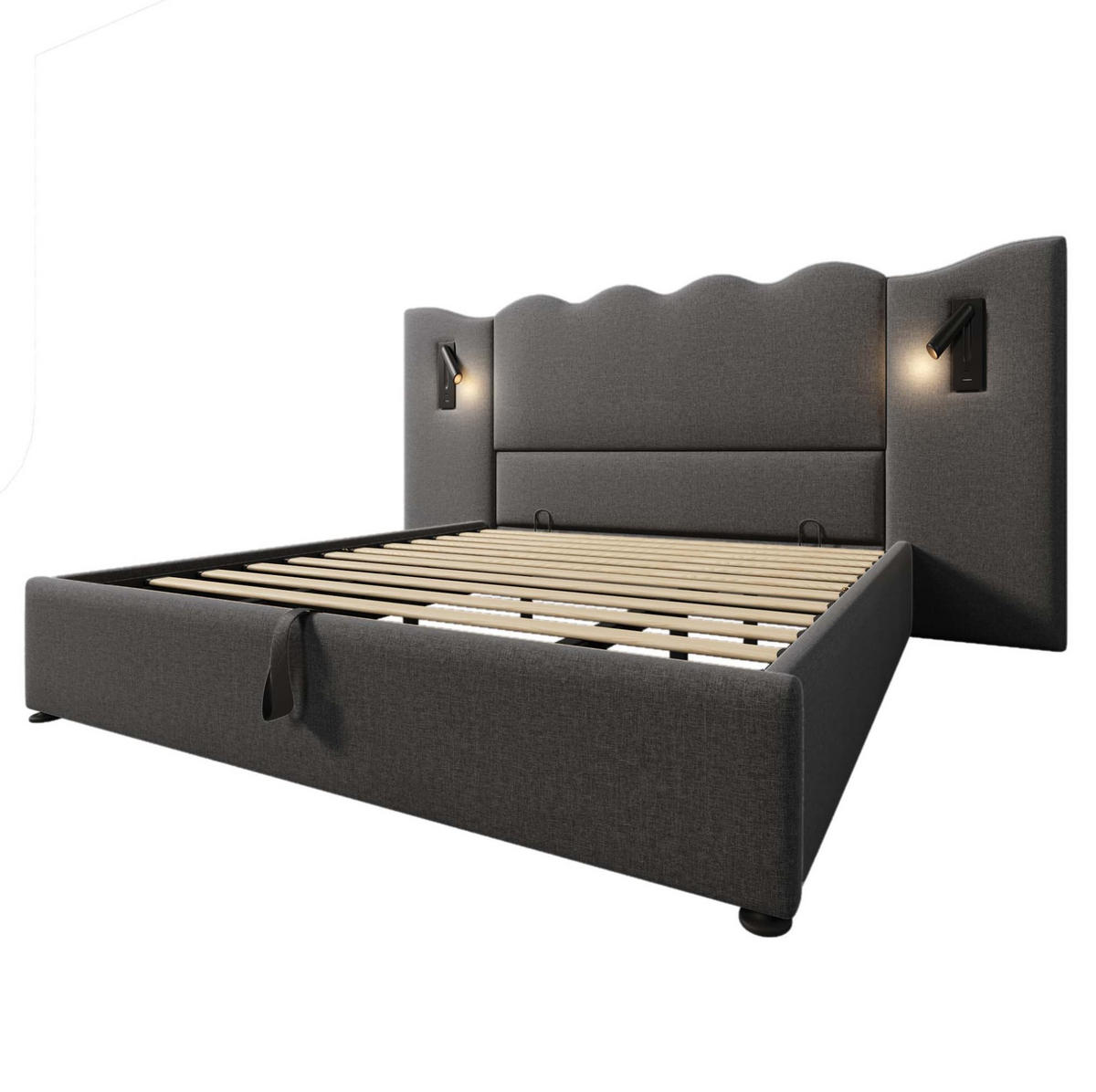 ČALOUNĚNÁ postel 180/200 cm šedá z lnu s úložným prostorem lampou a USB-C - šedá, textil (180/200cm) - OKWISH