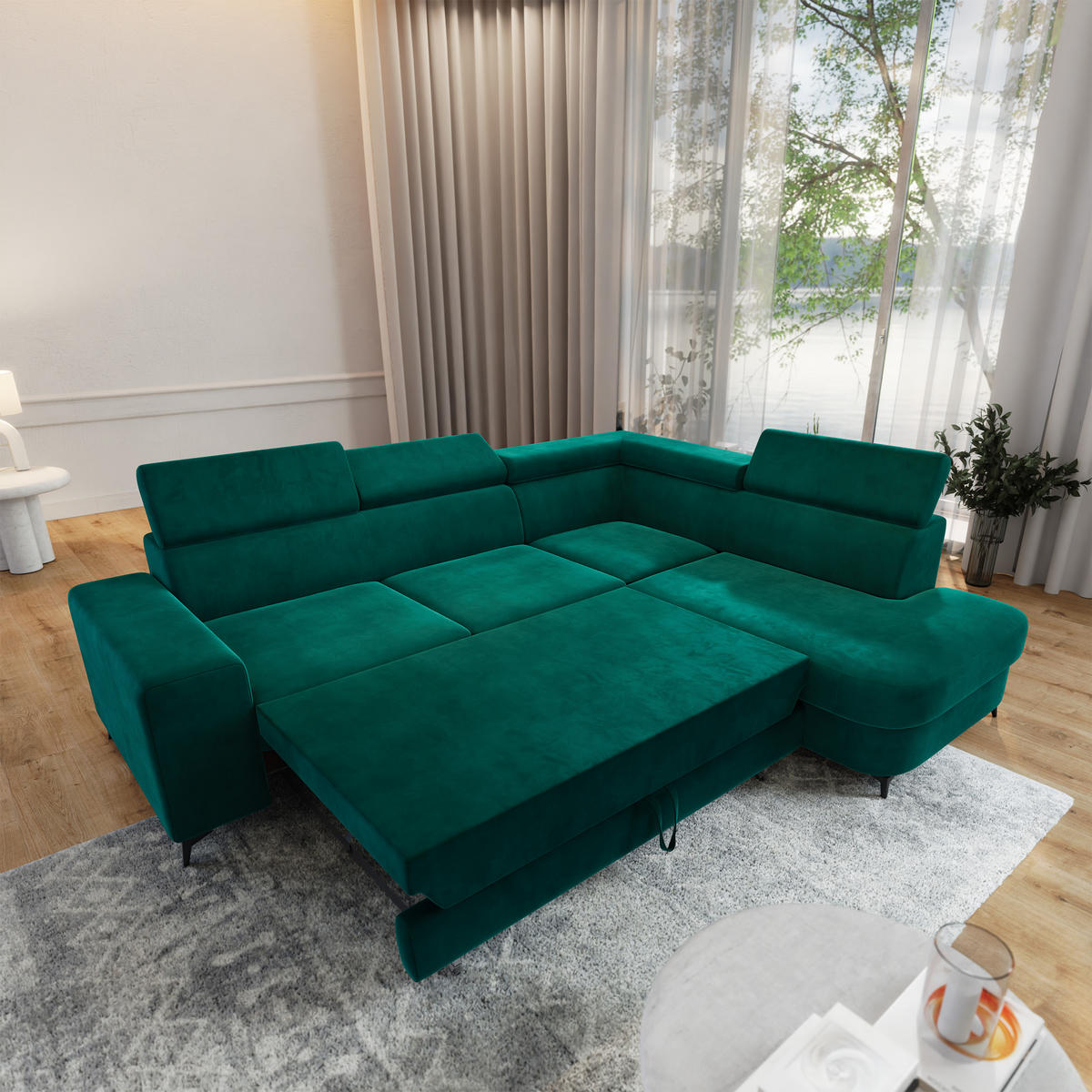 ECKSOFA ALVORO R-S Grün Velours-Stoff mit Schlaffunktion - Grün, Holz (253/190cm) - MASSENO