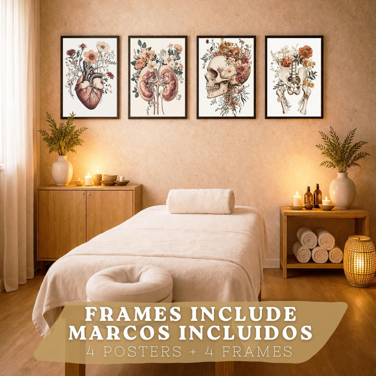 POSTER Set aus 4 Anatomie Drucke und Wandbilder mit Herz Nieren Schädel und Becken Botanischer Stil Wanddekoration Größe Schwarzer Rahmen A3 - Schwarz, Papier (29.7/42/3cm) - Nacnic