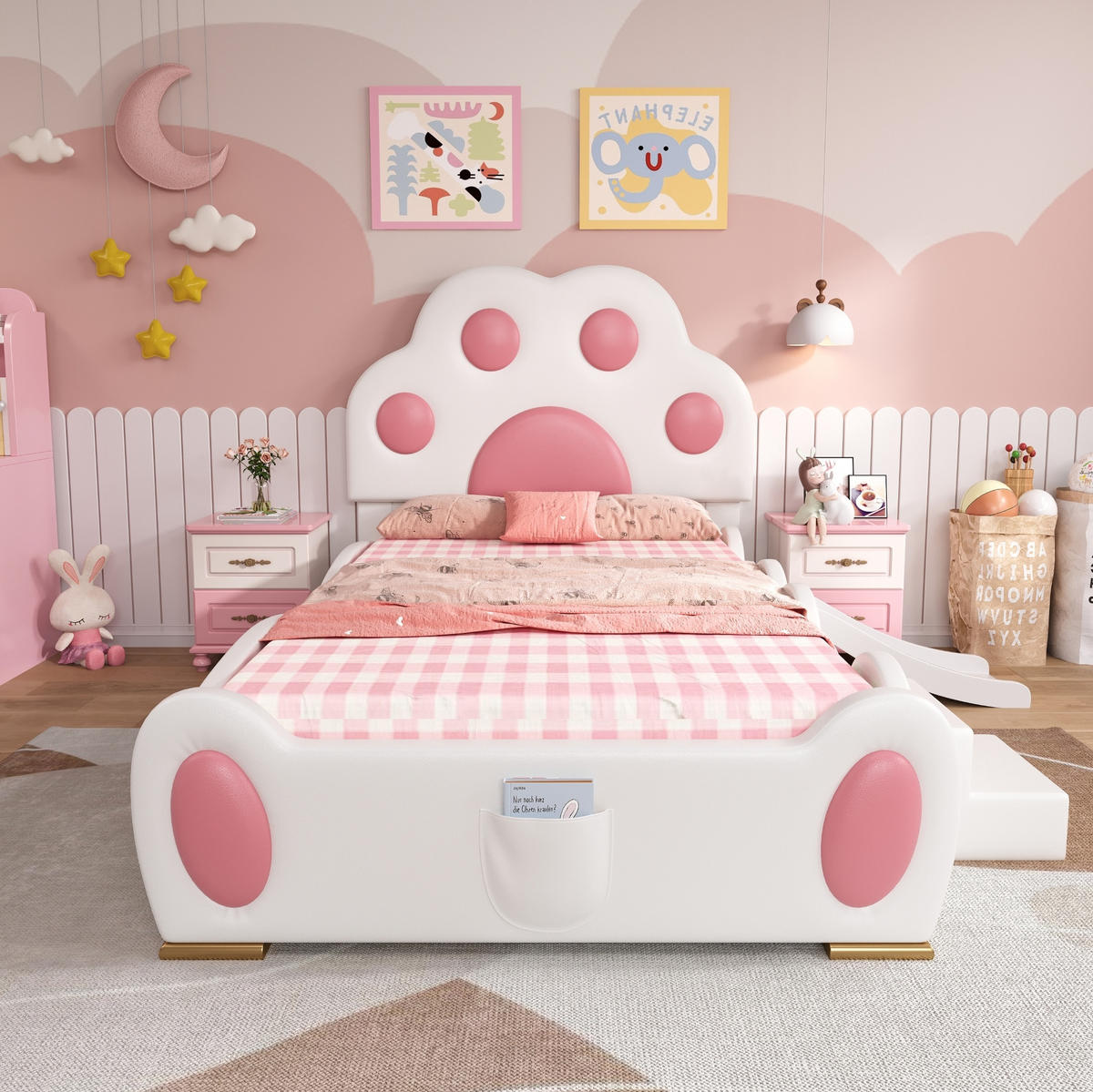 KINDERBETT 90/200 cm mit Rutsche, 2-stufiger Leiter und Katzenpfoten-Kopfteil aus PU, Weiß, Rosa - Rosa, Kunststoff (90/200cm) - Redom