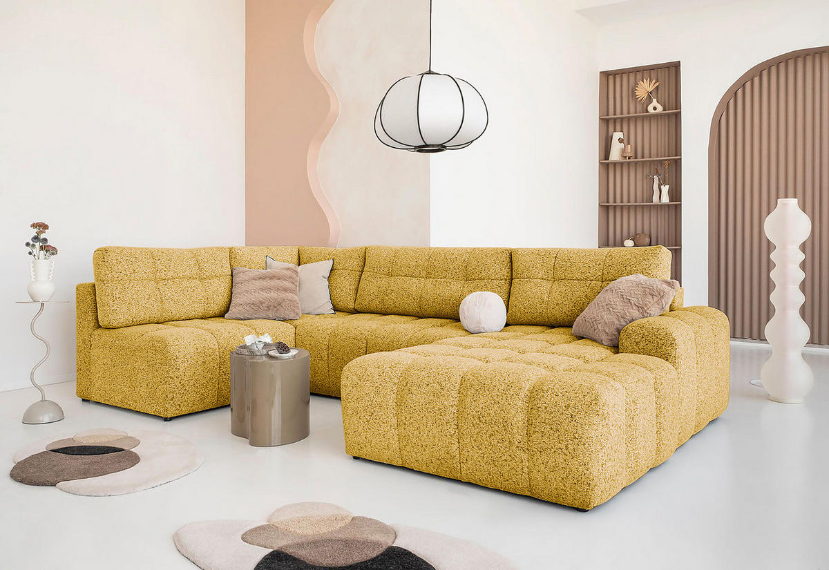 WOHNLANDSCHAFT - Strukturstoff - Beige/Gelb, Kunststoff/Textil (333/187cm) - home24