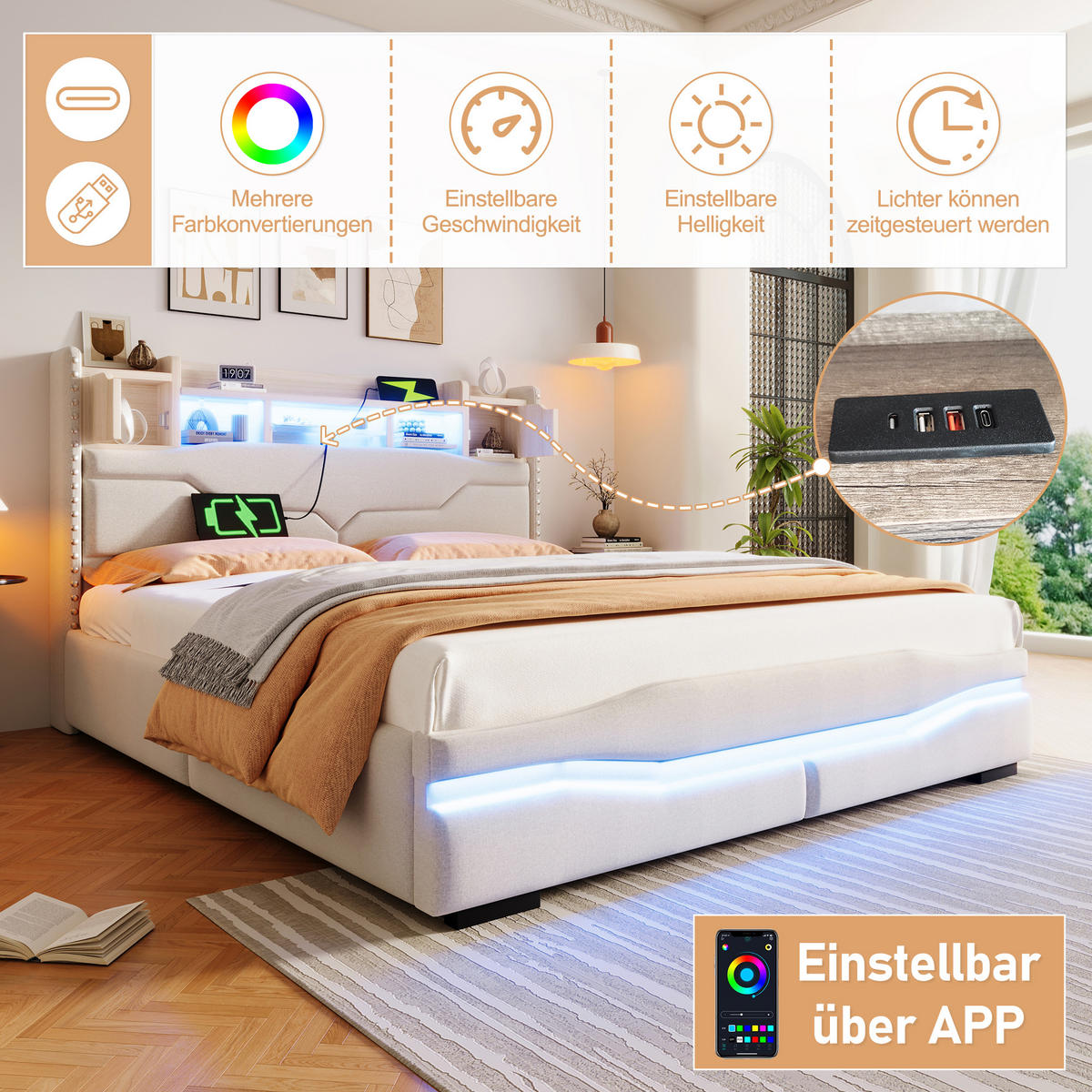 POLSTERBETT 160x200cm Beige USB-C LED-Licht Kopfteil Hydraulik - Beige, Holz (160/200cm) - FLIEKS