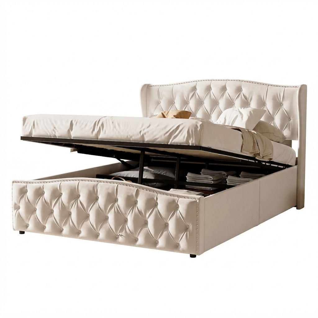 STAURAUMBETT 140/200 cm mit Bettkasten Samt Beige Doppelbett - Beige, Holz (140/200cm) - PARAFTA HOME