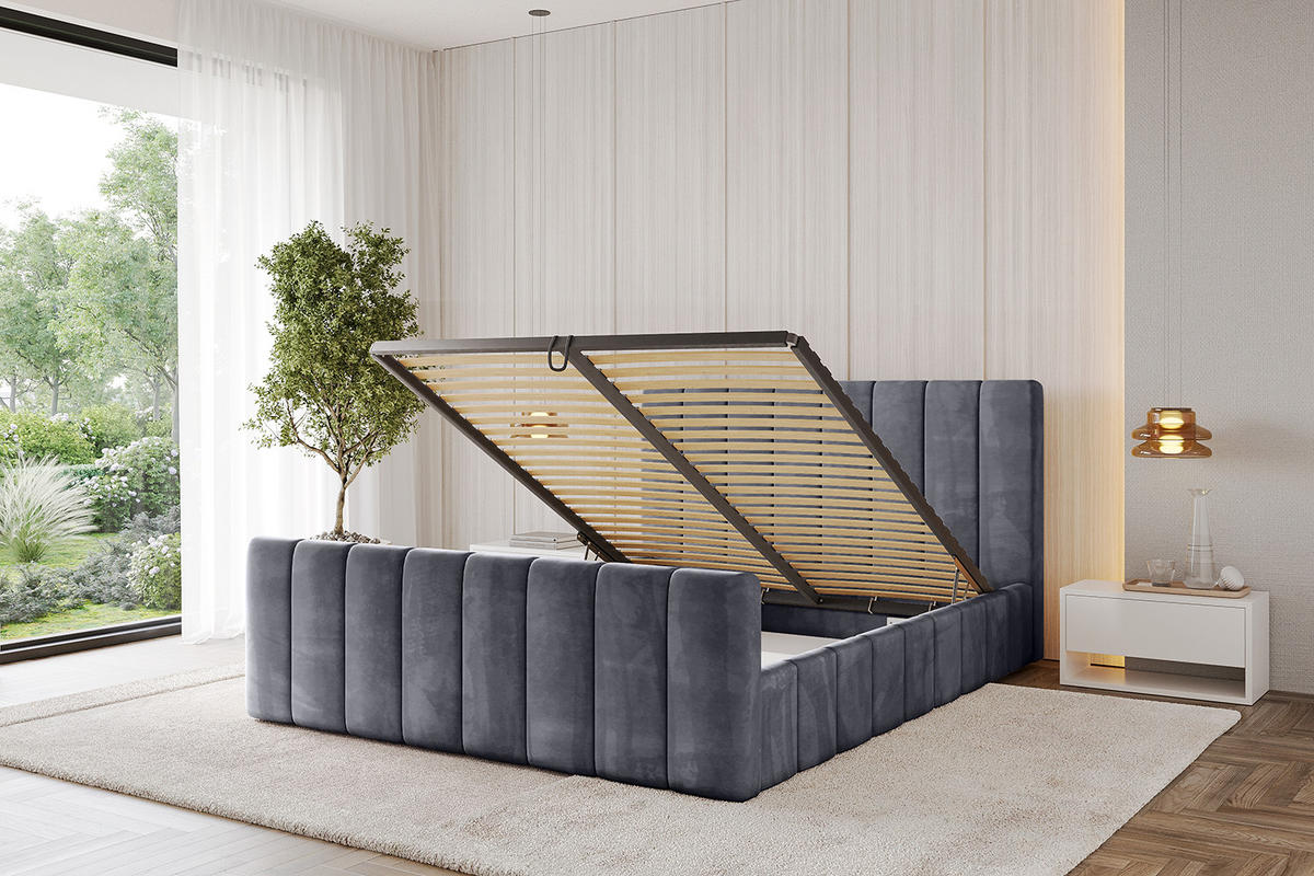 POLSTERBETT mit Bettkasten, Fußteil und Lattenrost, Boxbett mit Matratze H3/H4 - FINO-Z 180x200 Dunkelgrau - Dunkelgrau, Holzwerkstoff/Textil (180/200cm) - ALTDECOR