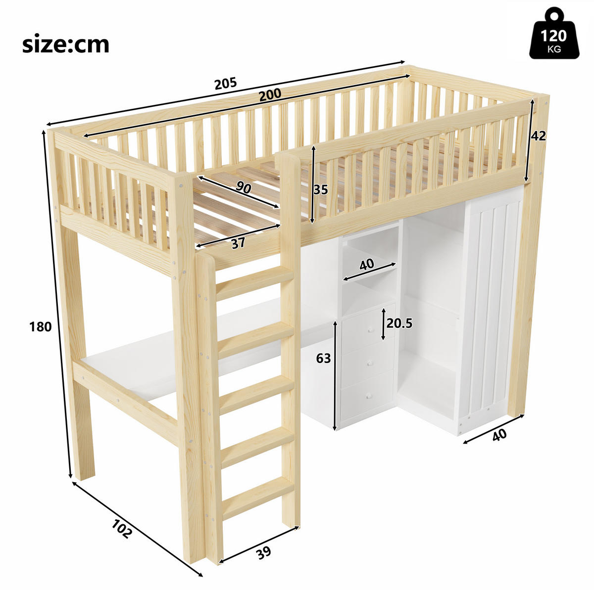 HOCHBETT 90/200 cm mit Schreibtisch, Kleiderschrank, 3 Schubladen und Treppe aus Kiefernholz, Natur - Naturfarben, Holz (90/200cm) - Redom