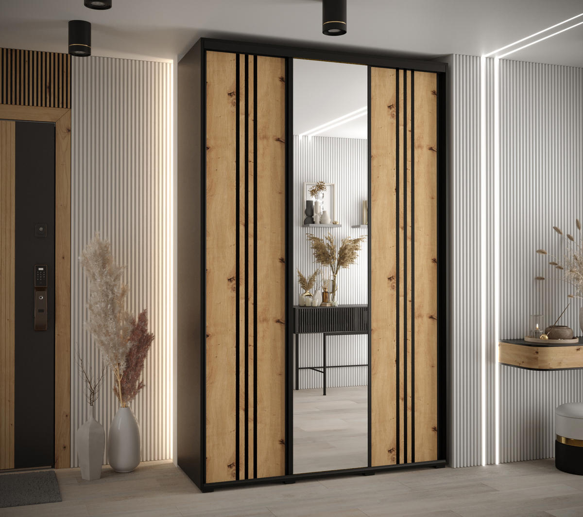SCHWEBETÜRENSCHRANK 235,2/150/45 3-türig - Schwarz/Eiche Artisan, Holz/Metall (150/235/45cm) - Abiks Möbel