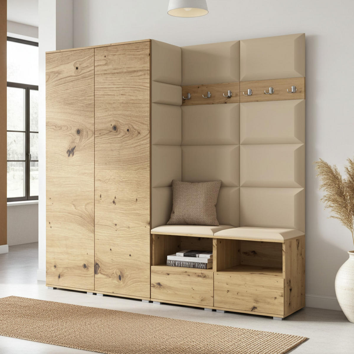 GARDEROBE NELA VI 200 cm (Kompaktgarderobe Artisan Eiche mit Sitzpolster Beige 04 Schrank & Paneel) - Beige/Silberfarben, Holz/Holzwerkstoff (200/187/40cm) - Ravio