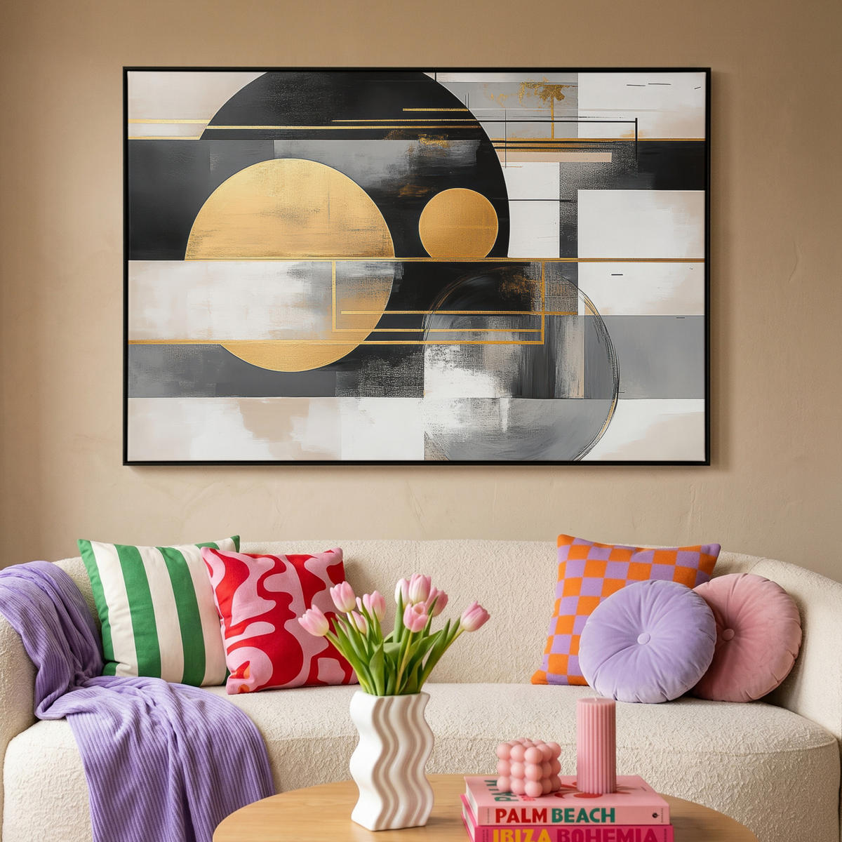 LEINWAND Bilder mit Rahmen - Abstrakt - Gold - Silber - Formen - Ästhetisch - Modern - 120x80 - Goldfarben, Textil (120/80cm) - MuchoWow