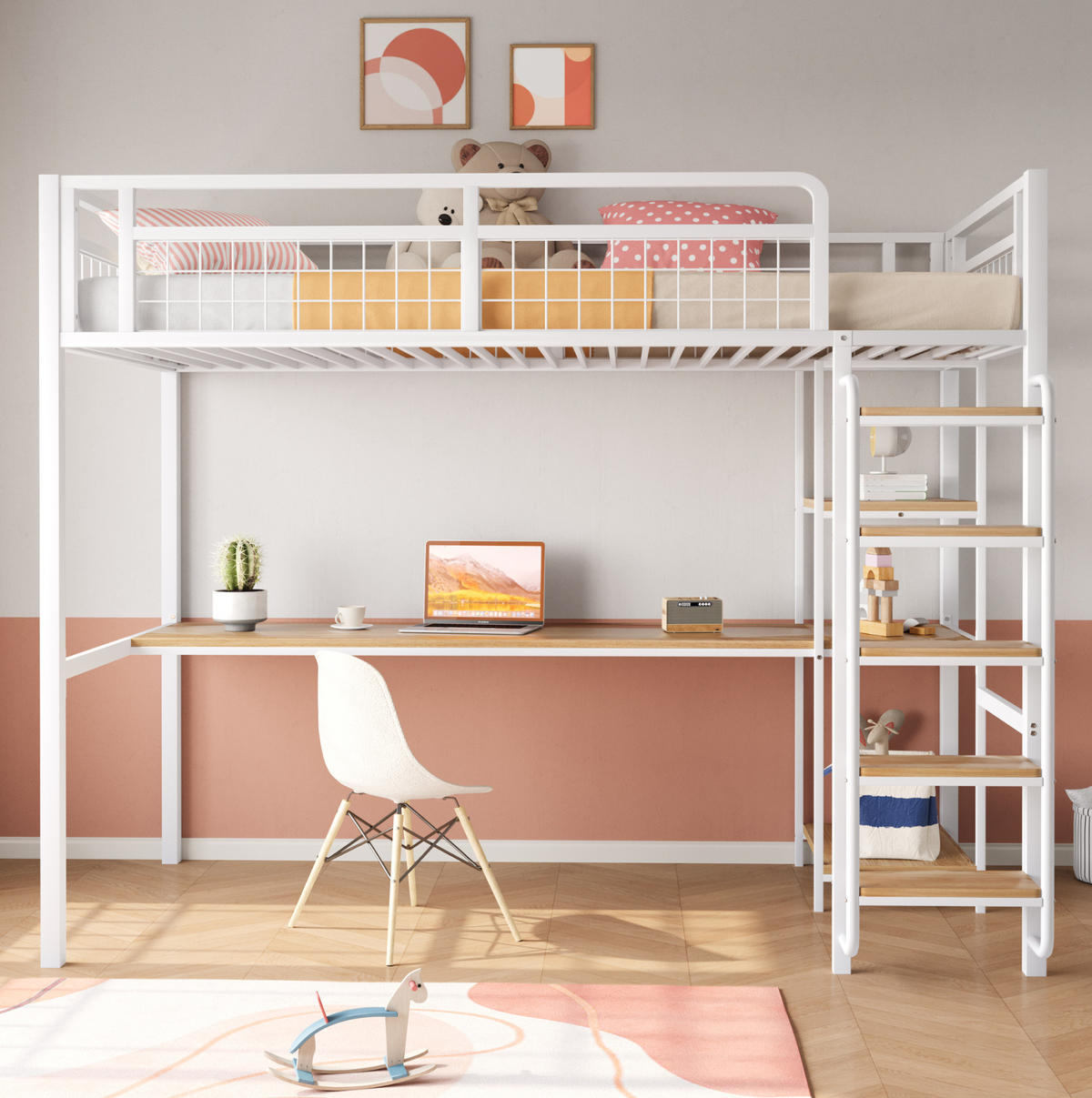 HOCHBETT 90/200 cm mit Schreibtisch, Regalen und Sicherheitsleiter aus Metall, Weiß - Weiß, Metall (90/200cm) - Redom