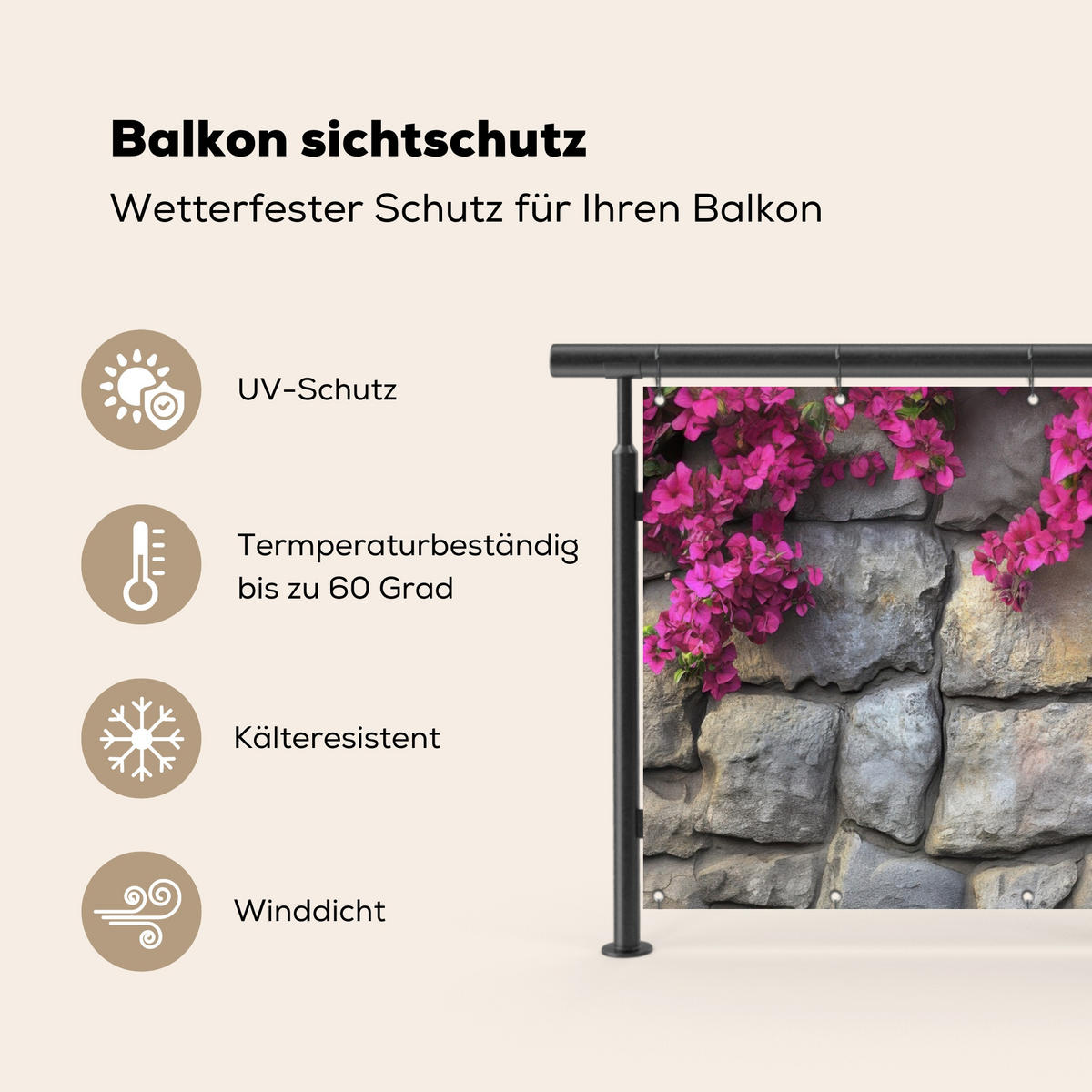 BALKON-SICHTSCHUTZ Bougainvillea - Steinmauer - Rosa - Magenta, Kunststoff (200/110cm) - MuchoWow