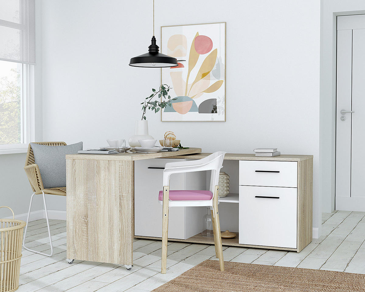 ECKSCHREIBTISCH - Weiß / Eiche Sonoma Dekor - Eichefarben/Weiß, Holzwerkstoff (50/144/74cm) - home24