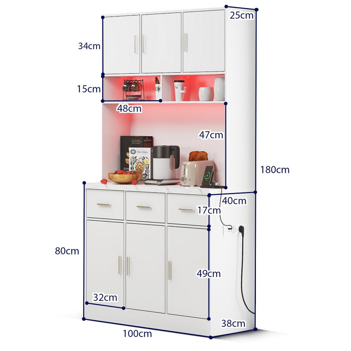 KÜCHENSCHRANK BUFFET MIT LED-BELEUCHTUNG UND STECKDOSE Weiß Esszimmer 100/40/180 cm - Weiß, Kunststoff (40/180/100cm) - Rolipo