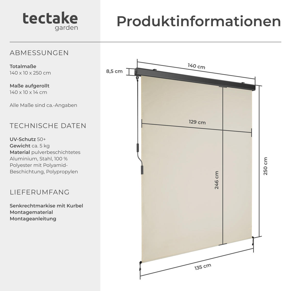 SENKRECHTMARKISE Eloise, inkl. Wandhaltern, beige - Beige, Textil (140/250cm) - tectake