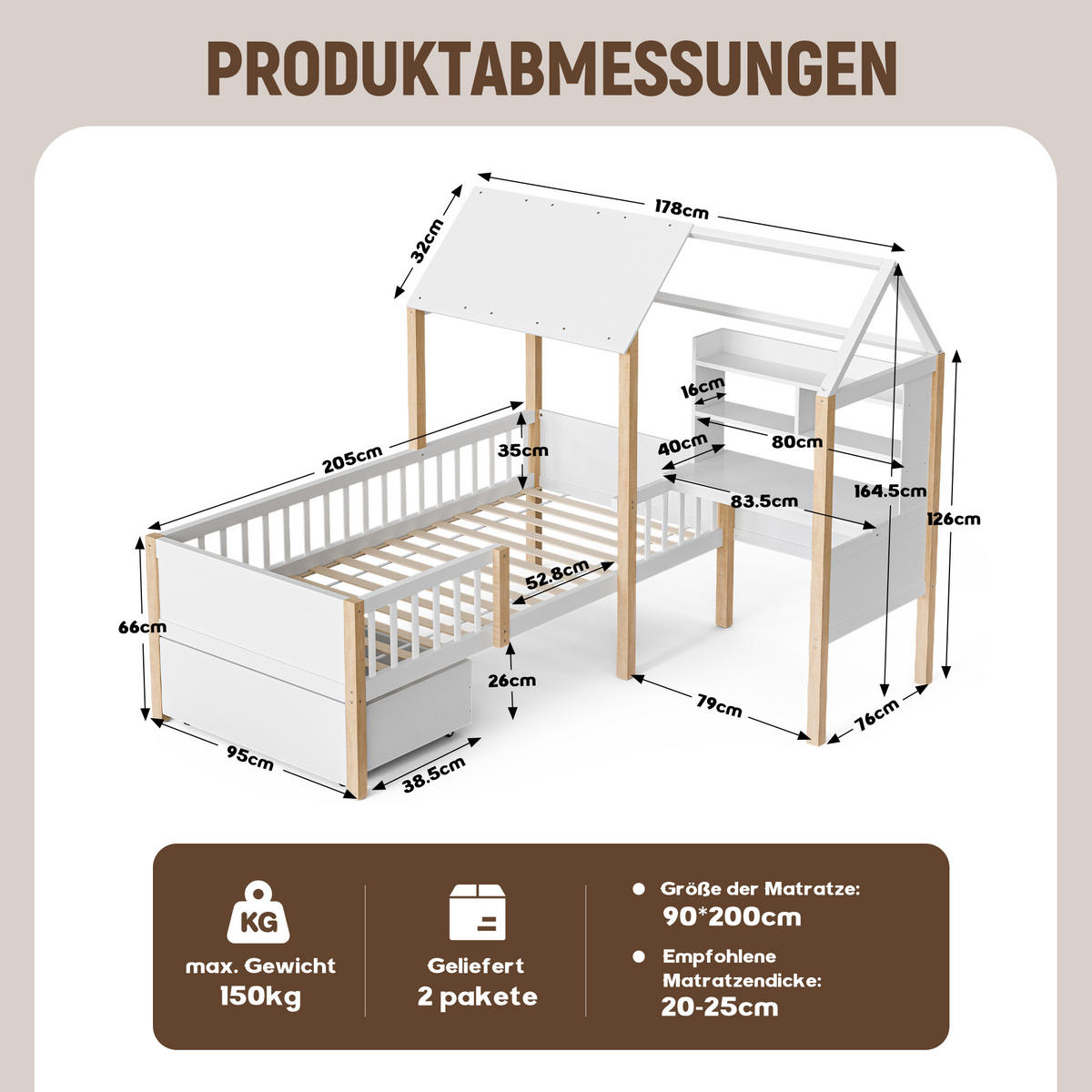 HAUSBETT 90/200 cm weiß mit Rausfallschutz und L-förmigem Schreibtisch - Weiß, Holz (90/200cm) - OKWISH