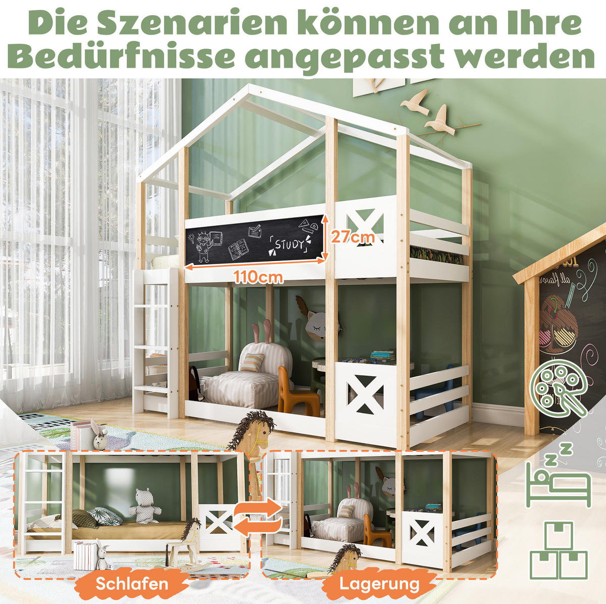 ETAGENBETT aus Massivholz 90x200 cm in Weiß mit Tafel & Leiter - Weiß, Holz (90/200cm) - Modfu