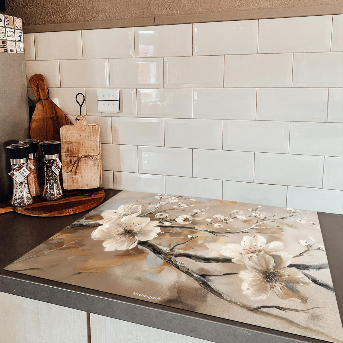 HERDABDECKPLATTE Blumen - Abstrakt - Gemalt - Beige 77x59 cm - Beige, Kunststoff (77/59/0.2cm) - MuchoWow