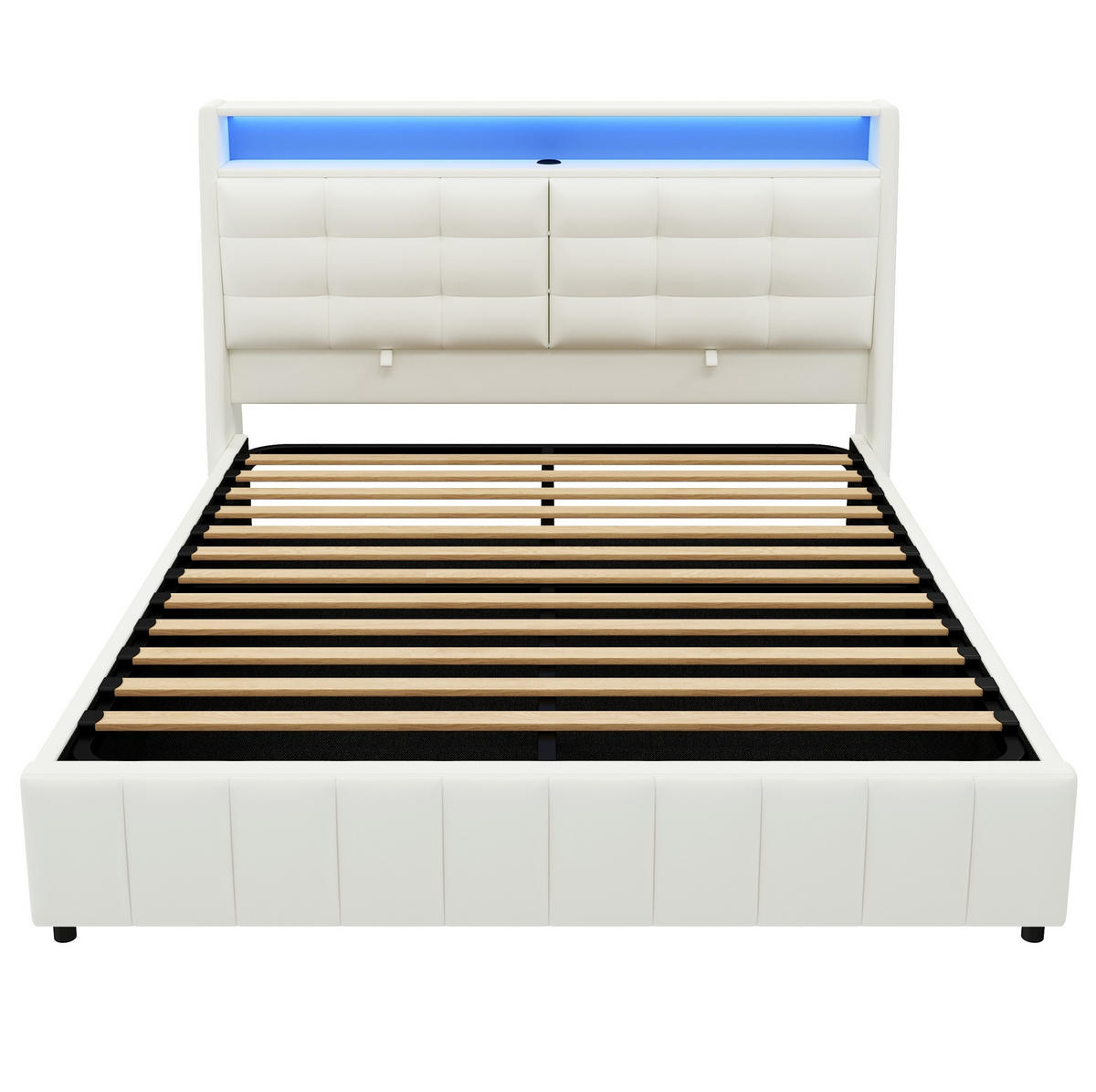 POLSTERBETT 160/200 cm mit LED-Beleuchtung, USB-Anschluss, Stauraum und verstellbarem Kopfteil, Weiß - Weiß, Holzwerkstoff (160/200cm) - Redom
