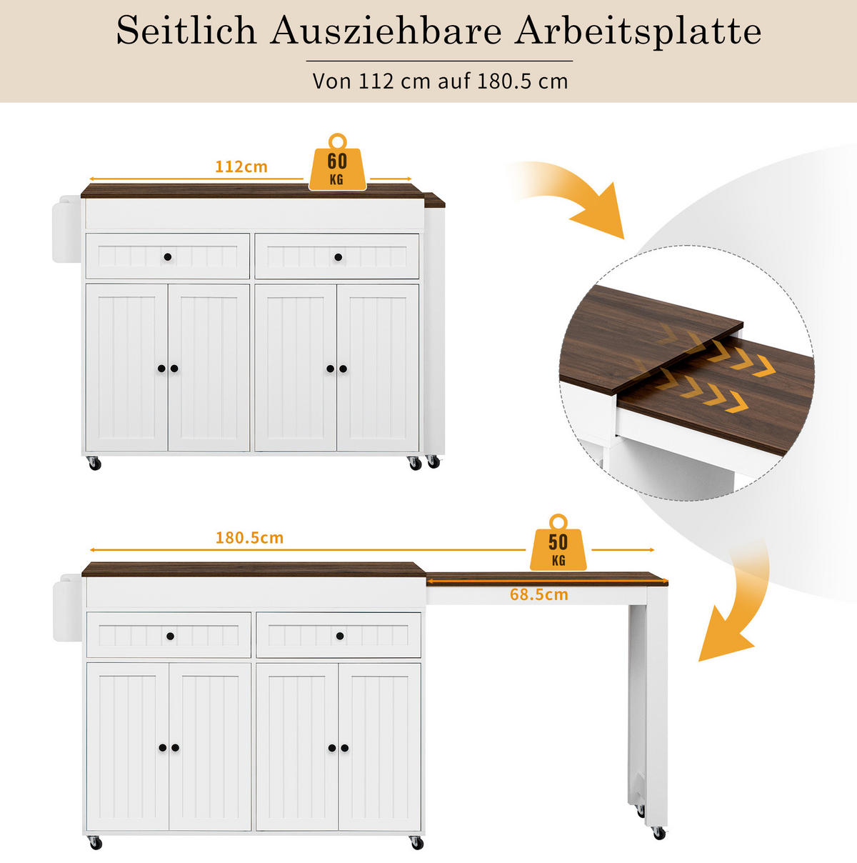 KÜCHENINSEL 112-180,5/45/92,2 cm Weiß Walnuss mit ausziehbarer Arbeitsplatte - Weiß, Holzwerkstoff (180.5/92.2/45cm) - OKWISH