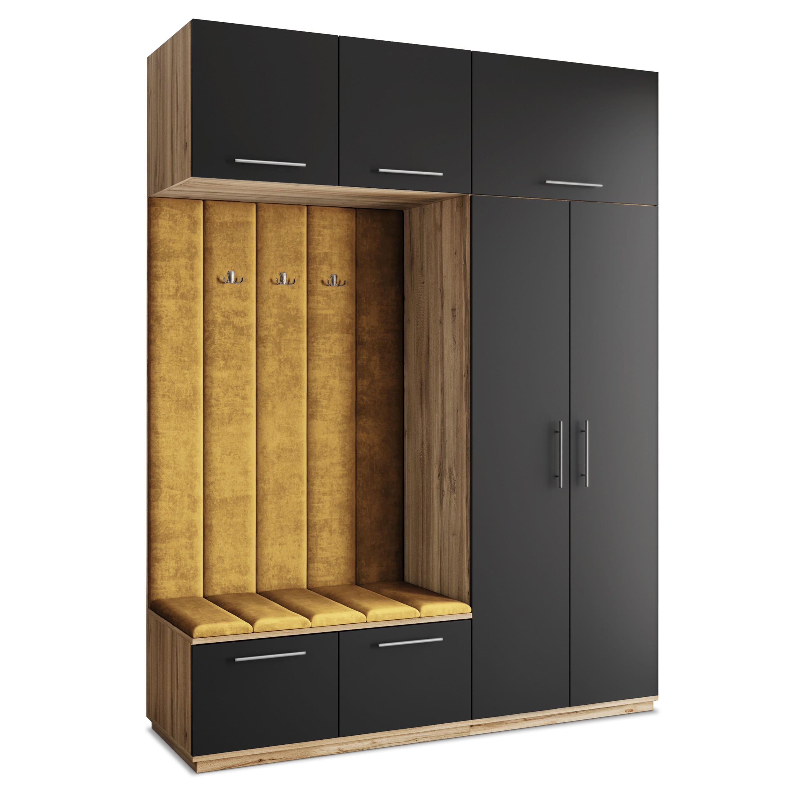 Masseno Garderobenschrank Eiche Wotan, Schwarz, Gelb 180x240x60 cm