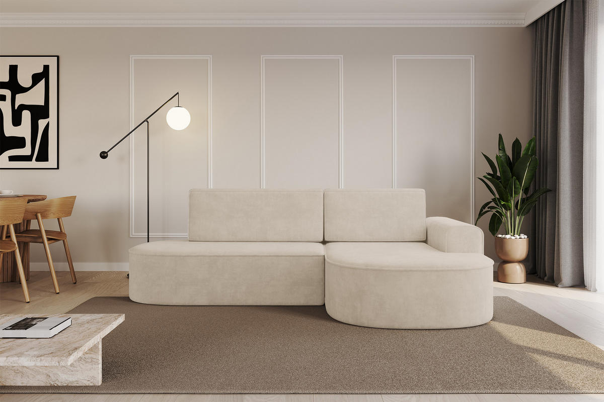 ECKSOFA mit Schlaffunktion und Bettkasten Ottomane Rechts MARI-L1-S - 283x167x73 cm Beige Velours - Sandfarben/Schwarz, Holzwerkstoff/Kunststoff (167/283cm) - ALTDECOR