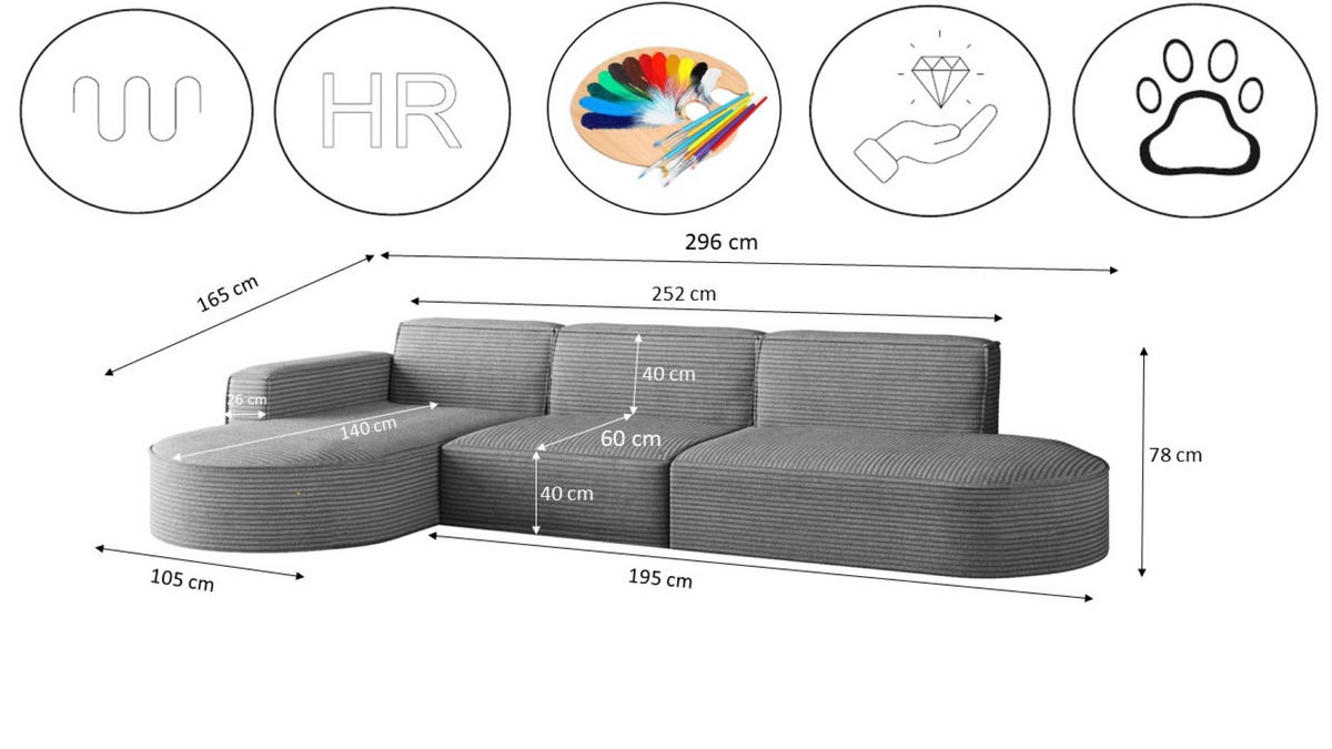 ECKSOFA Designer, Sofa L form MODENA 302 cm stoff Poso Grau Rechts - Grau, Holz (302/296cm) - Kaiser Möbel