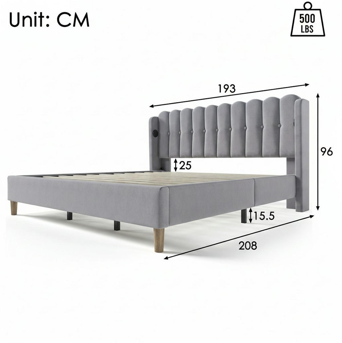 ČALOUNĚNÁ postel 180/200 cm šedá z lnu s USB a USB-C nabíjením - šedá, textil (180/200cm) - OKWISH