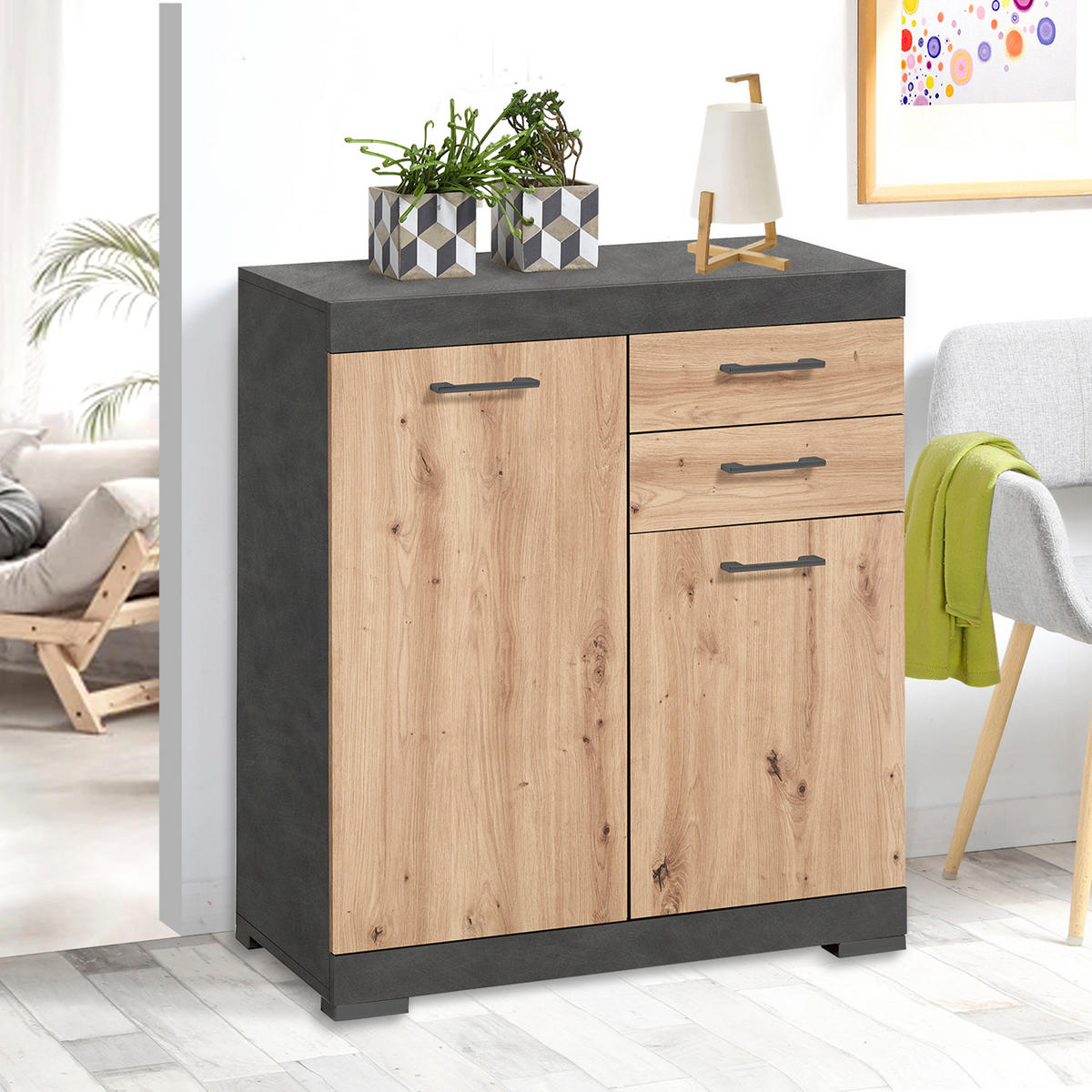 SIDEBOARD mit 2 Türen und 2 Schubladen L80cm - Bristol - Eiche Artisan, Holzwerkstoff (34.9/89.9/80cm) - Calicosy